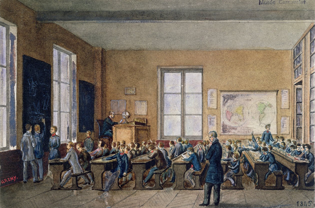 Klassrum vid Institution Caillet, rue de la Cite, Paris, 1845 (wc på papper) av G. Remy