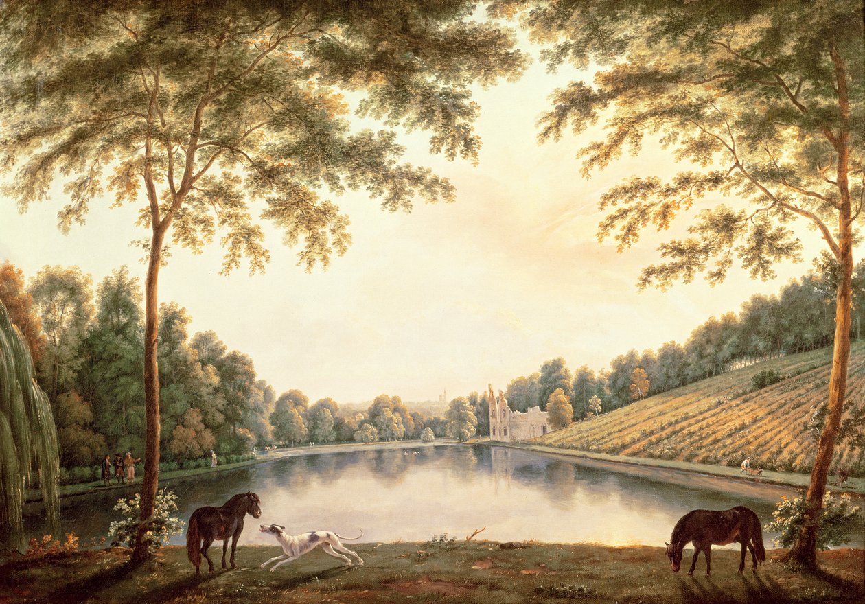 En utsikt över sjön och ruinerna av klostret i Painshill, Surrey av G. and Gilpin, S. Barrett