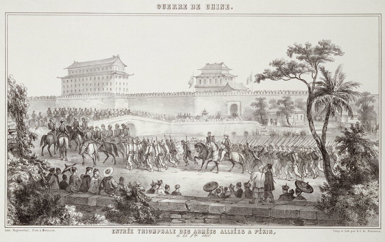 De allierade arméernas triumfala intåg i Peking den 25 oktober 1860, från Kriget i Kina 1862. av G.C. de Fortavion
