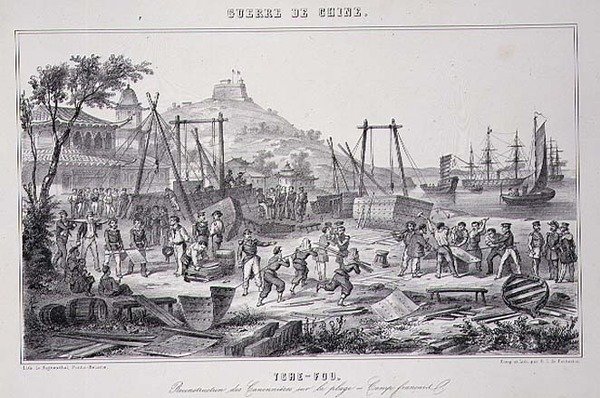 Återmontering av kanonbåtar på stranden i Tche-Fou, från "The War in China" av G.C. de Fortavion