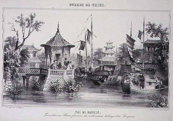 Utsikt över kantonen, som visar kvinnliga sjömän i sina sampans, från "The War in China" av G.C. de Fortavion