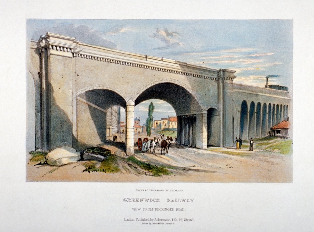 London och Greenwich järnvägsbro över Neckinger Road, Bermondsey, London, 1836. av GF Bragg