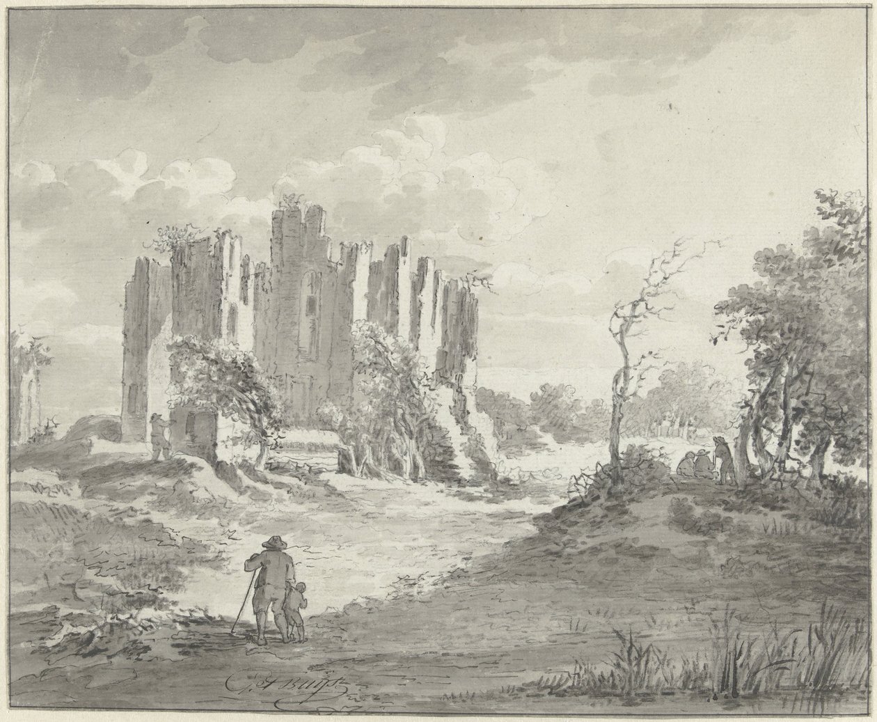 Landskap med ruiner och några bönder av G.F. Buijs (possibly)