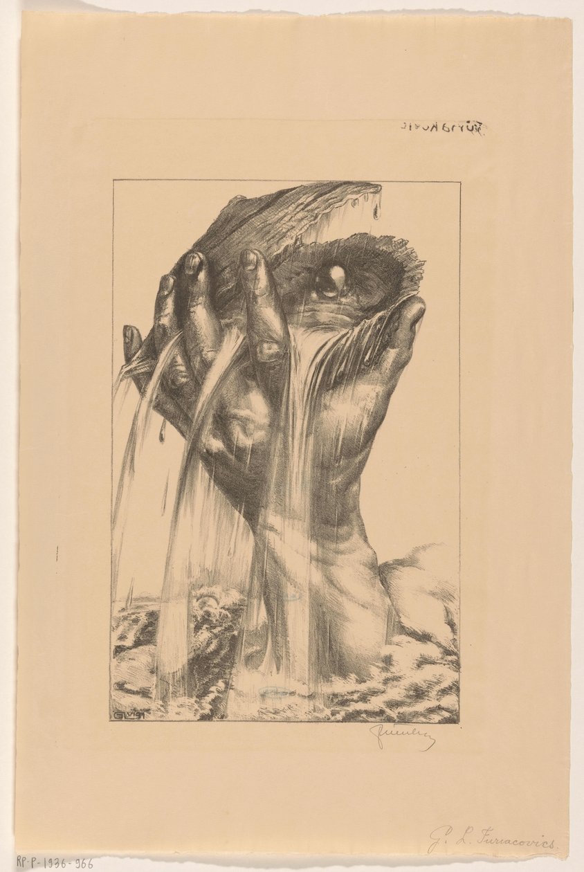 Hand som lyfter ett ostron med pärla från havet av G.L. Furiacovics (signed by artist)