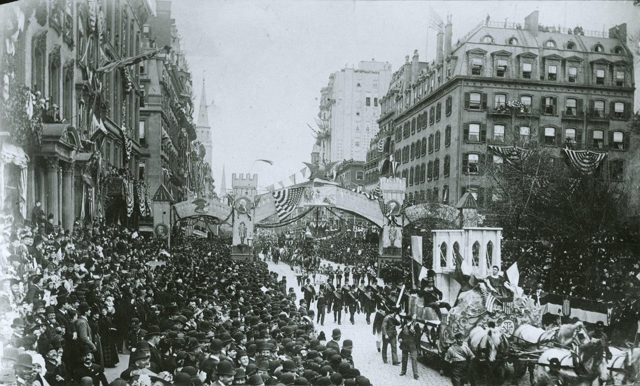 Hundraårsjubileum av George Washingtons (1732-99) tillträde New York City, 30 april 1889 av G.P. Hall und Sohn