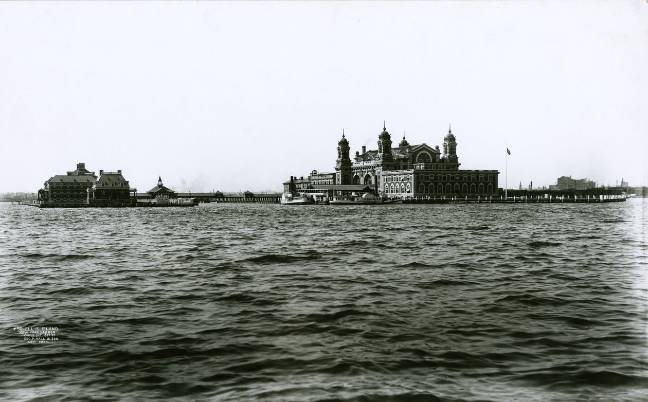 Ellis Island, New Yorks hamn, 1903 av G.P. Hall und Sohn