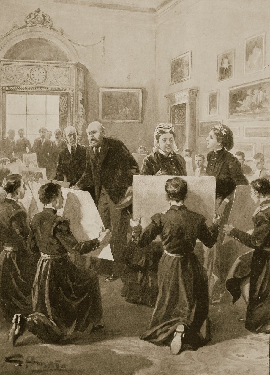 Bluecoat Boys visar sina teckningar för drottning Victoria i Buckingham Palace den 3 april 1873, från "The Illustrated London News", 1901. av G.S. Amato