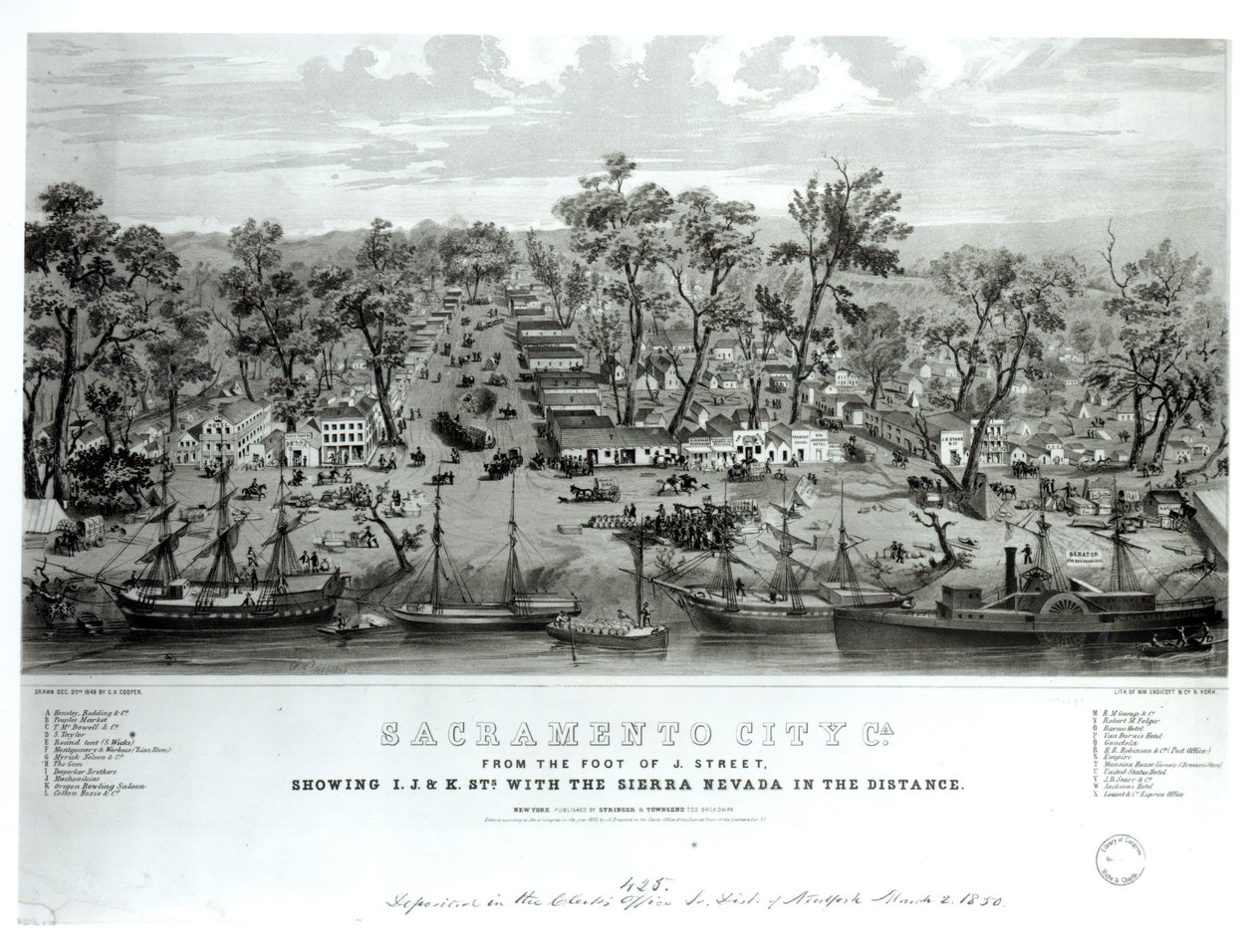 Sacramento City, Kalifornien, från foten av J. Street som visar I. J. och K. Streets med Sierra Nevada i fjärran, graverad av William Endicott und Co., 1849 av G.V. Cooper