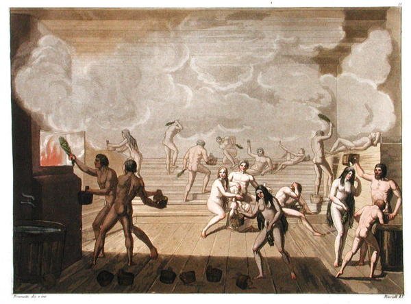 En gemensam bastu, tavla 21 från "Le Costume Ancien et Moderne", av Jules Ferrario, graverad av Angelo Biasioli (1790-1830), publicerad på 1820-30-talen (färglitografi). av G. (after) Bramati