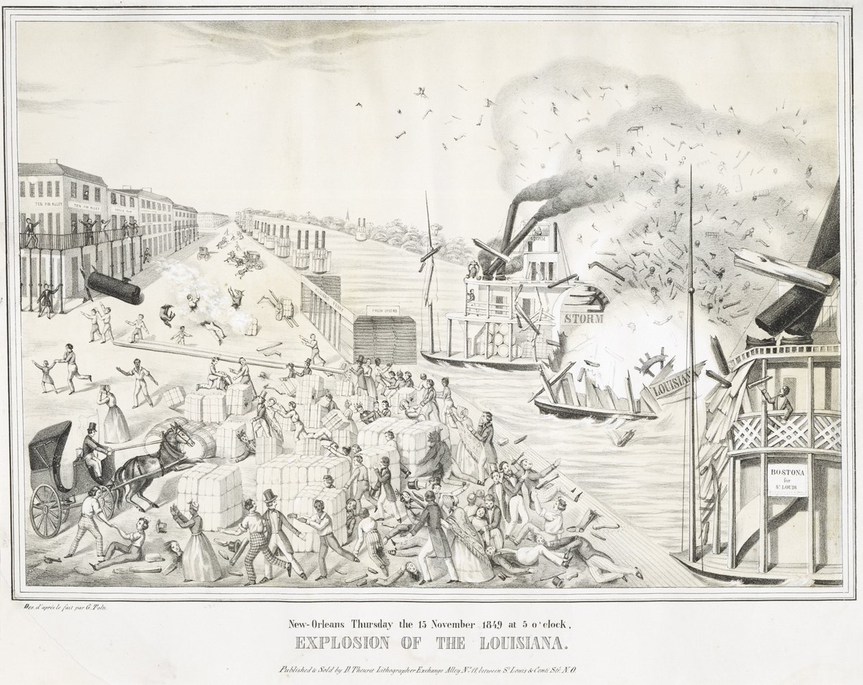New Orleans torsdagen den 15 november 1849 klockan 5, Explosion of the Louisiana, ca. 1849 (kromolitografi) av G. (after) Tolti