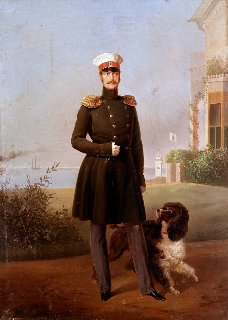 Porträtt till fots av den ryske tsaren Nicholas I (1796-1855) på Peterhof Målning av Georg Botmann (1800-talet). 1800-talet. St. Petersburg. Chateau De Peterhof av G. Botmann