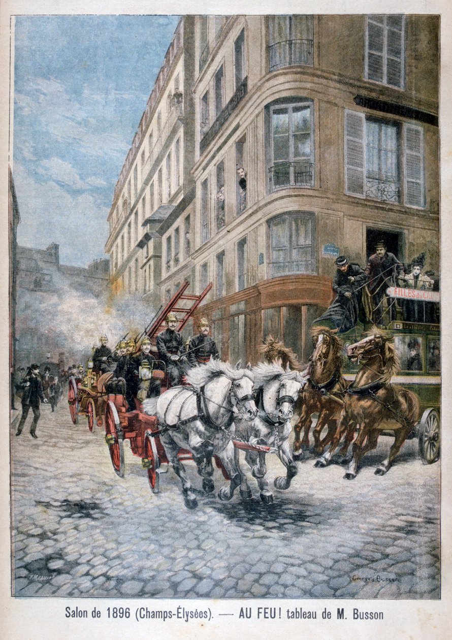 Brandbil på väg till en brand, Paris, 1896 av G. Busson