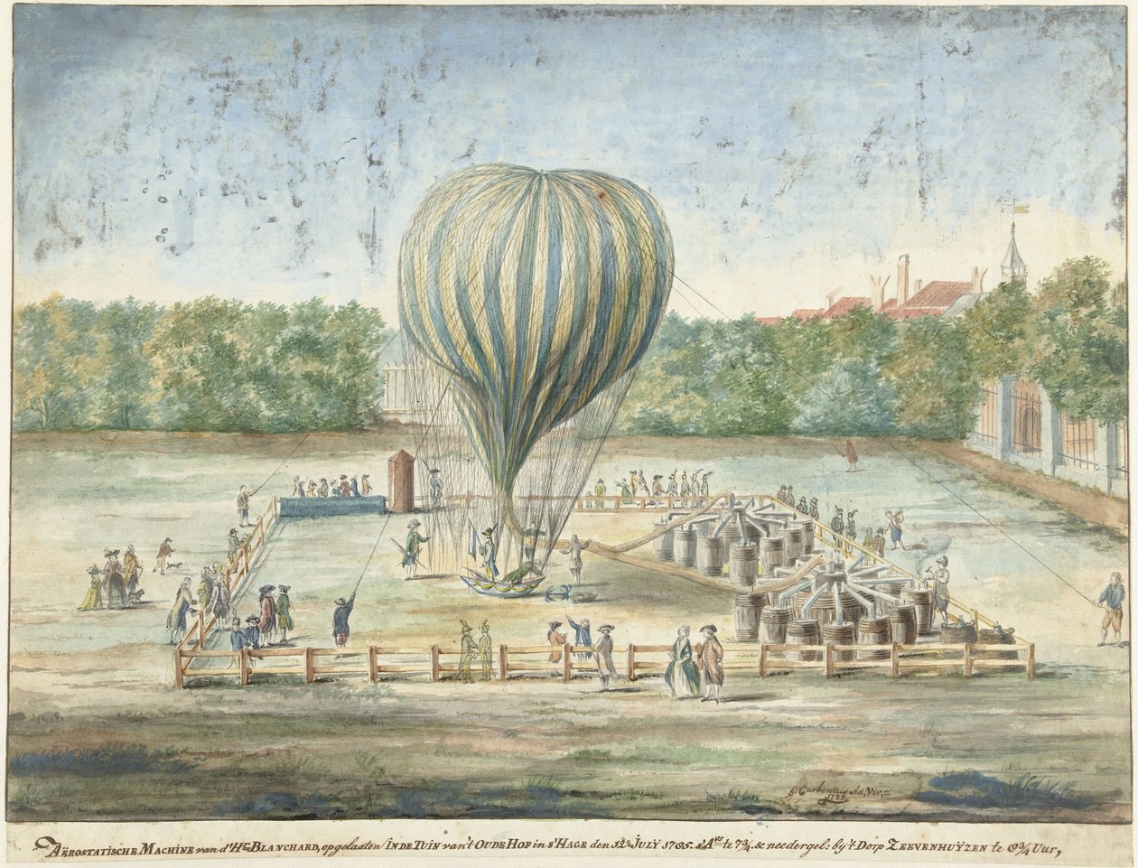 Lanseringen av Blanchards ballong i Haag 1785 av G. Carbentus (signed by artist)
