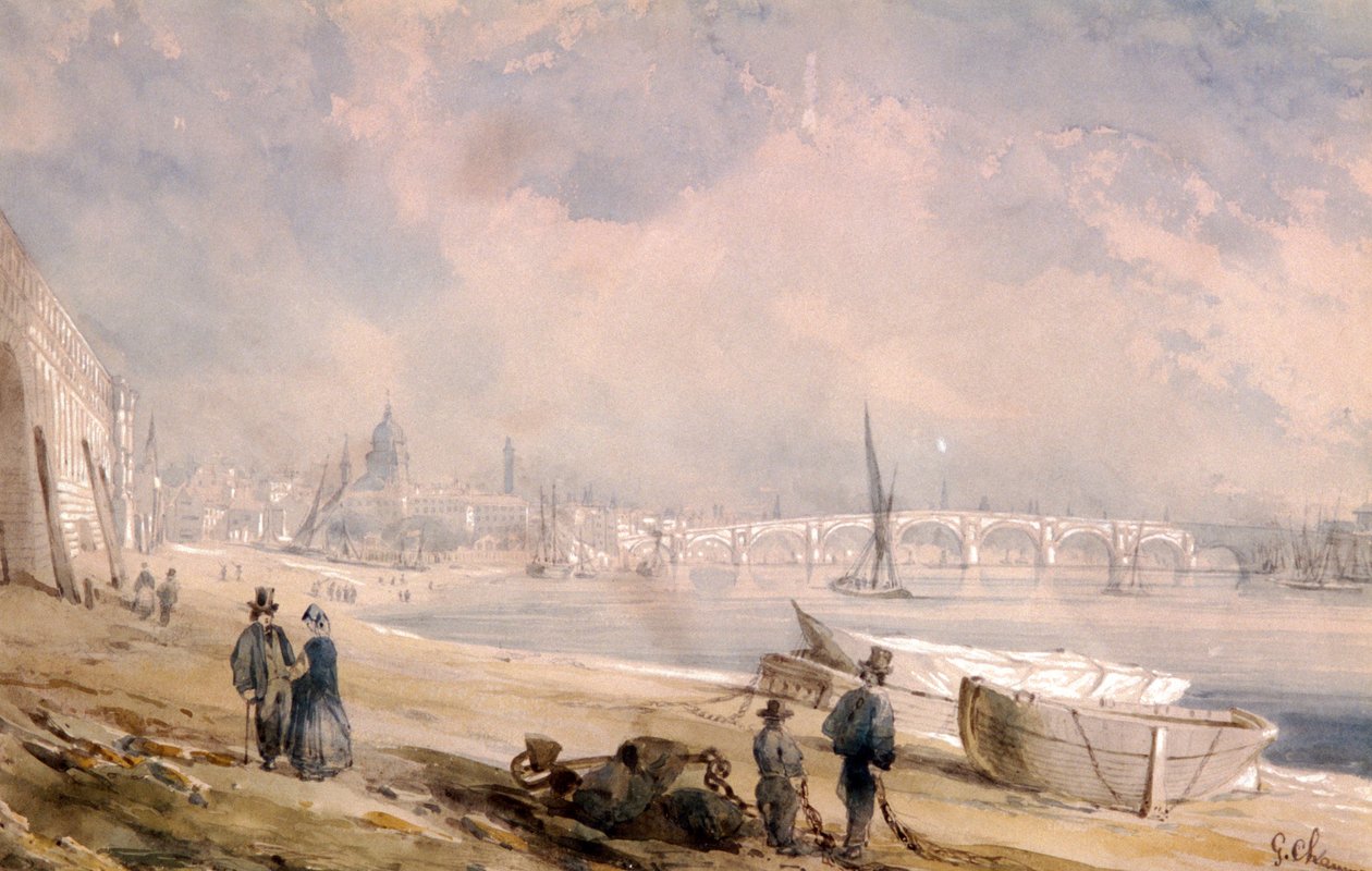 Themsen vid lågvatten och Blackfriars Bridge, London, 1847 av G Chaumont