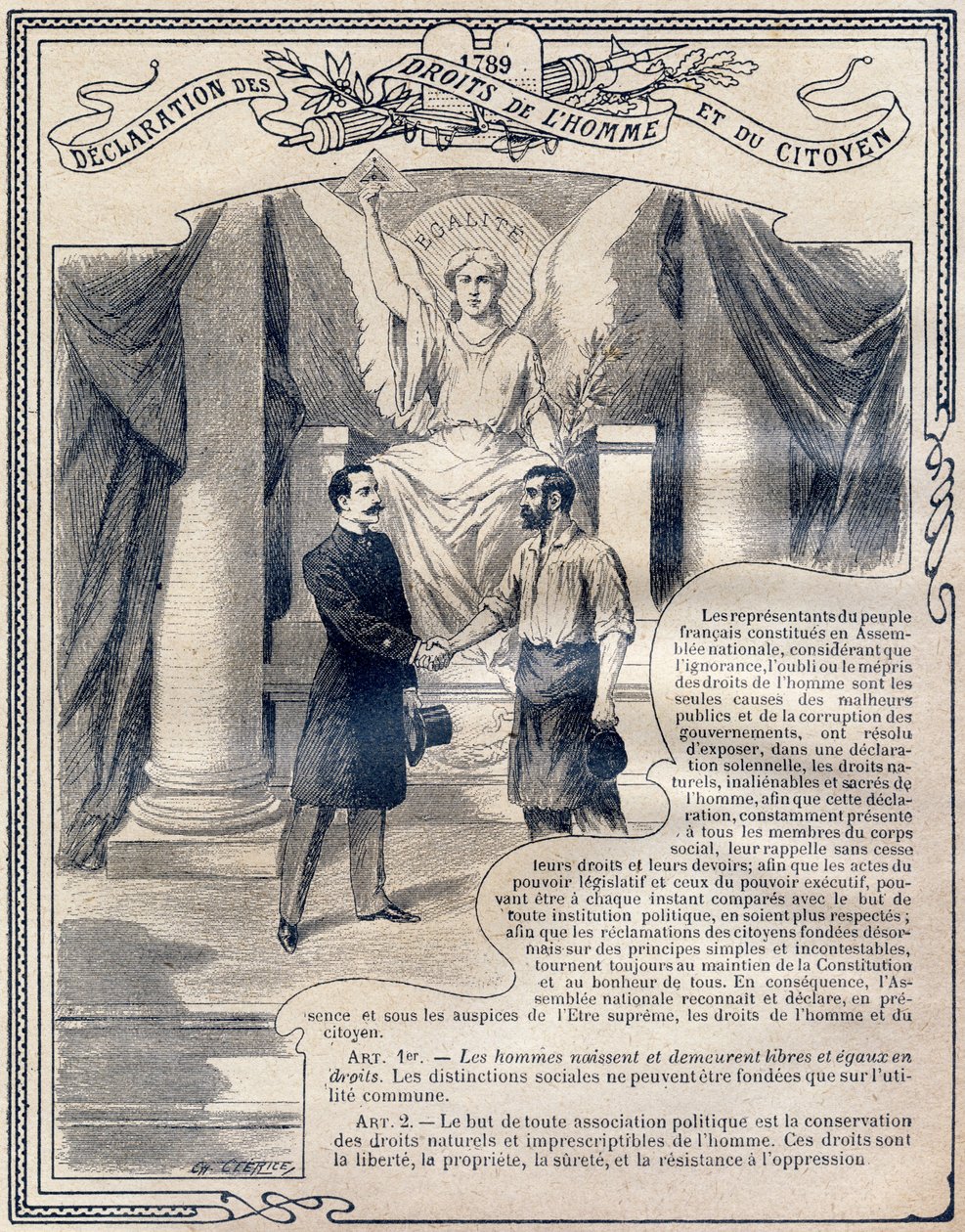 1789: Förklaring om människors och medborgares rättigheter: Jämlikhet. Gravyr i "Den enda boken om moral och medborgerlig undervisning, avsedd för elever i de tre kurserna i grundskolan och för de i primärklasserna i Lycees and Colleges, Second Par av G. Dascher