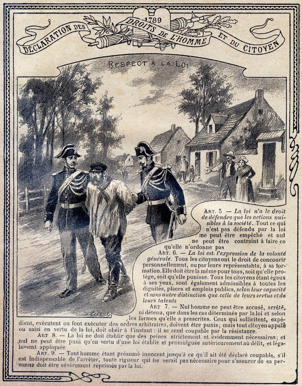 1789: Deklaration om människans och medborgarens rättigheter : Respekt för lagen . Gravyr i "Le livre unique de morale et d