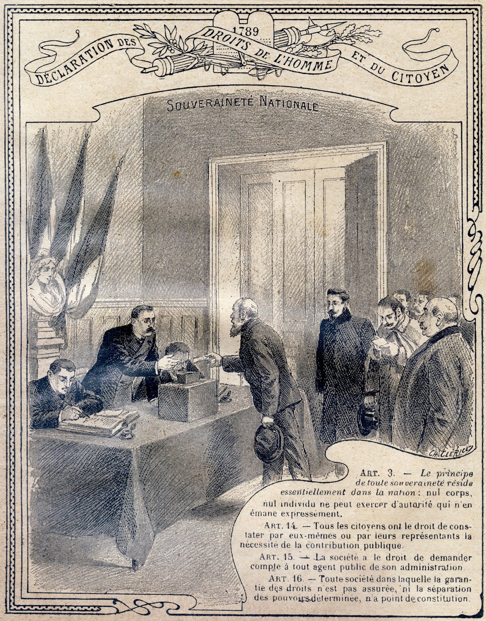 1789: Förklaring om människors och medborgares rättigheter: Nationell suveränitet. Gravure i "Den unika boken om etik och medborgerlig undervisning, avsedd för elever i de tre kurserna i grundskolan och de i grundklasserna på gymnasier och högskolor, av G. Dascher