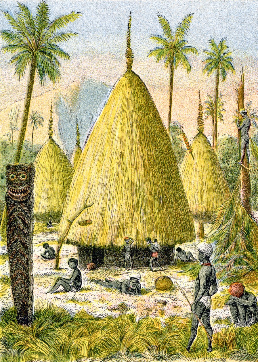 Byn Canaque i Nya Kaledonien, ca 1900-1910 (illustration) av G. Dascher
