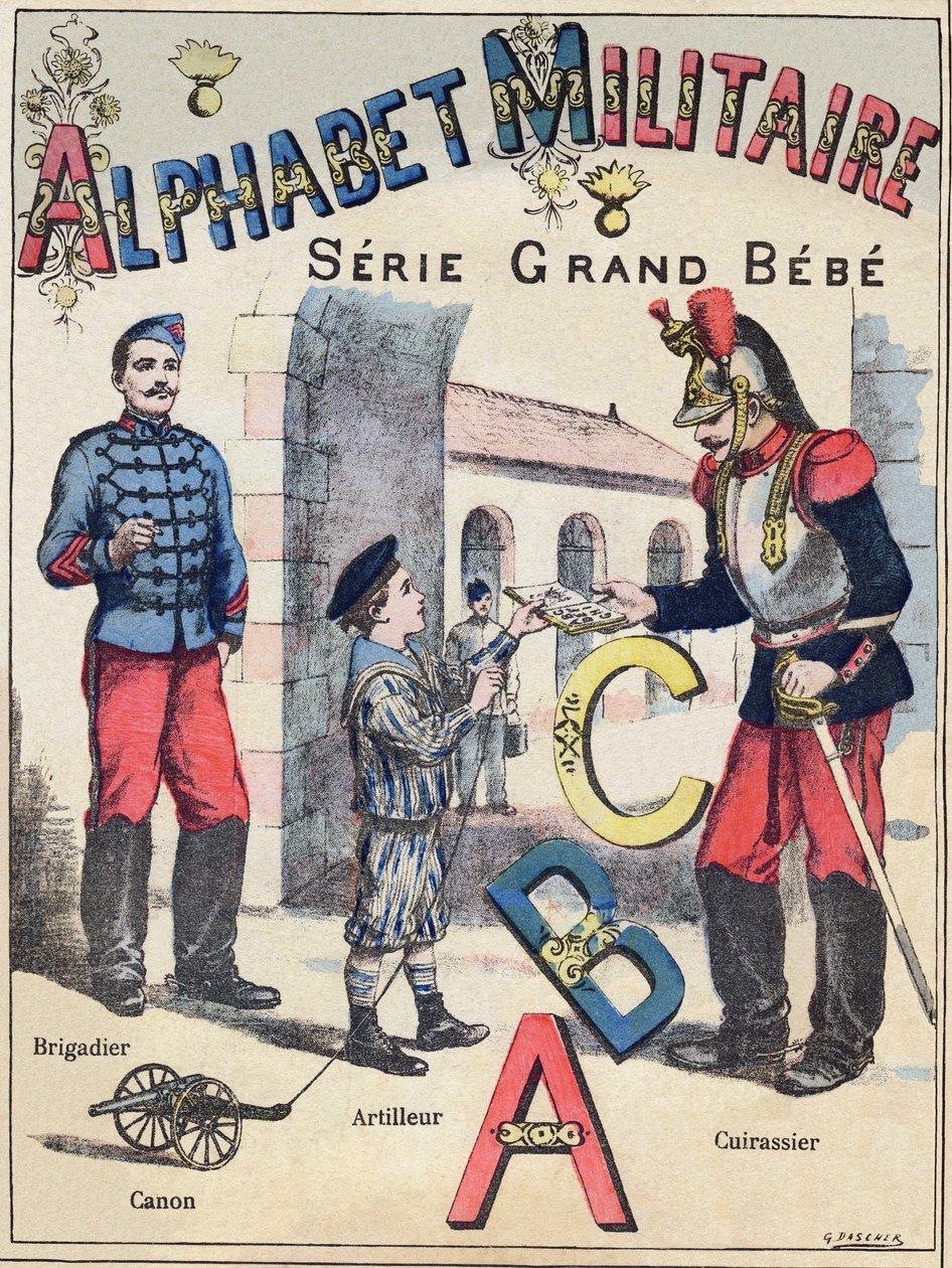 Omslag till "Military Alphabet", Grand-Bebe-serien. Gravyr. Pont-a-Mousson avbildning. Louis Vagne, tryckare-förlag, ca 1900. Illustrationer av G. Dascher. 20 sidor. Mått: 31,5x24,5cm av G. Dascher