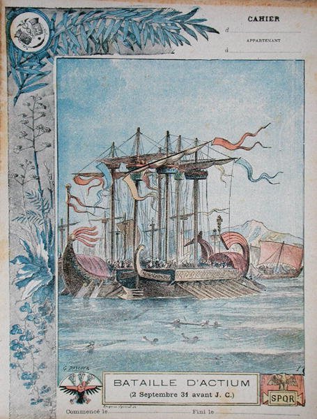 Omslag till skolövningsbok som illustrerar slaget vid Actium, 2 september 31 f.Kr., c.1900 (litho i färg) av G. Dascher