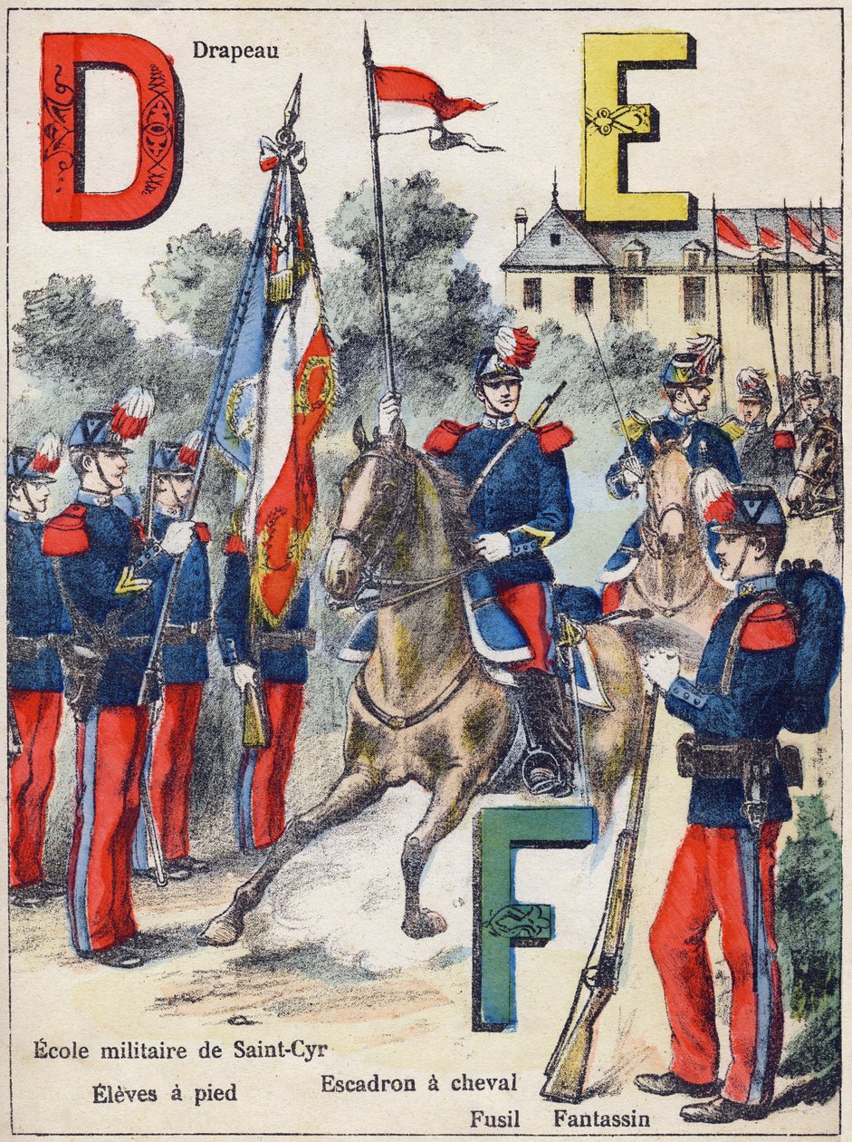 Bokstäver D E F: Flagga, Military School of Saint-Cyr (Saint Cyr), Eleves till fots, Horse Squadron, Rifle and Fantassin, c.1900 (litografi) av G. Dascher