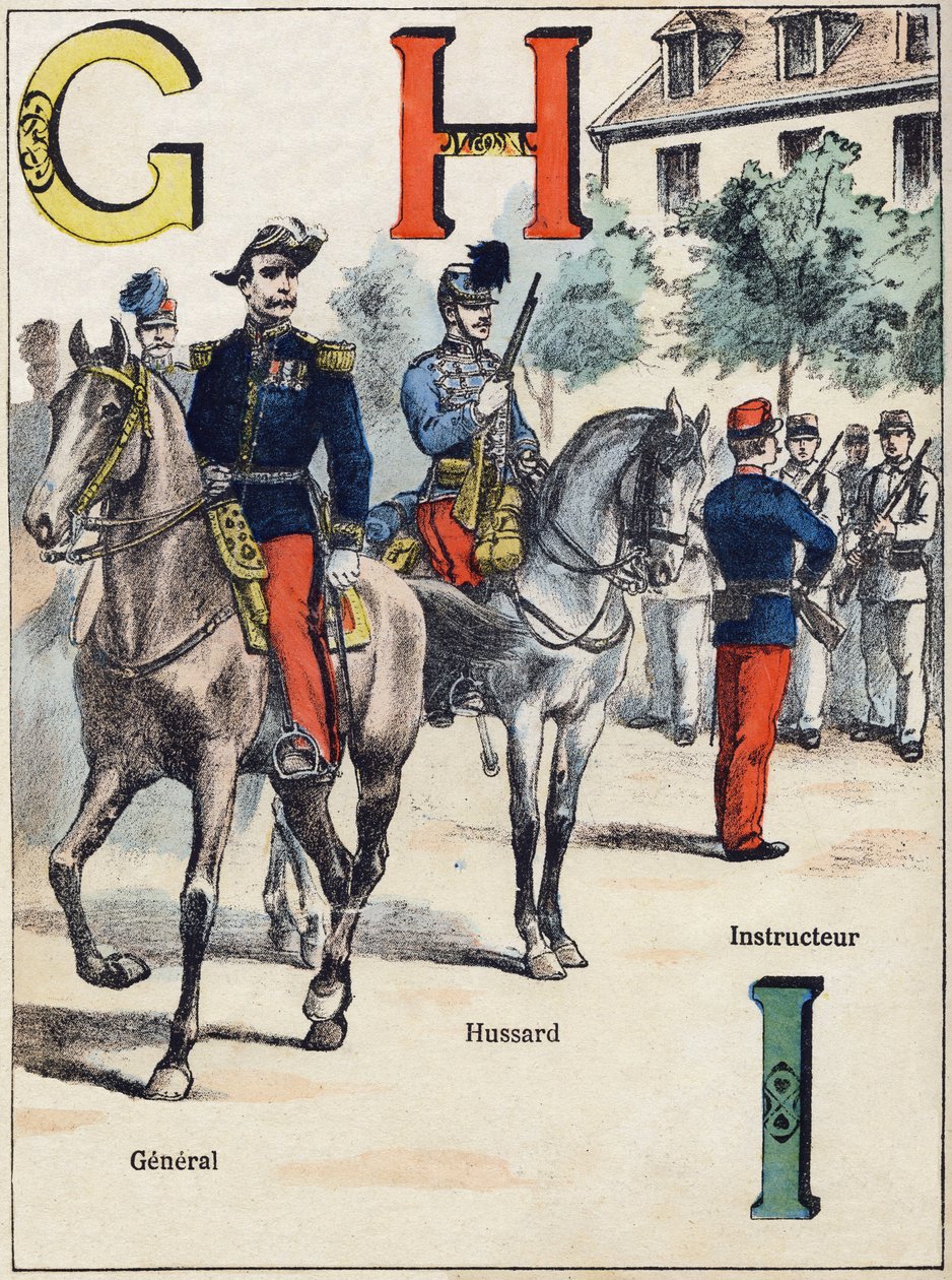 Tusi G H I: General, Hussard ma le Faiaoga. Tusia i le "Alphabet militaire", Grand-Bebe faasologa. togitogiga. Pont-a-Mousson ata. Louis Vagne, Lomitusi-Lomitusi, pe tusa o le 1900. Ata na tusia e G. Dascher. 20 itulau. Fufulu: 31,5x24,5cmswed av G. Dascher