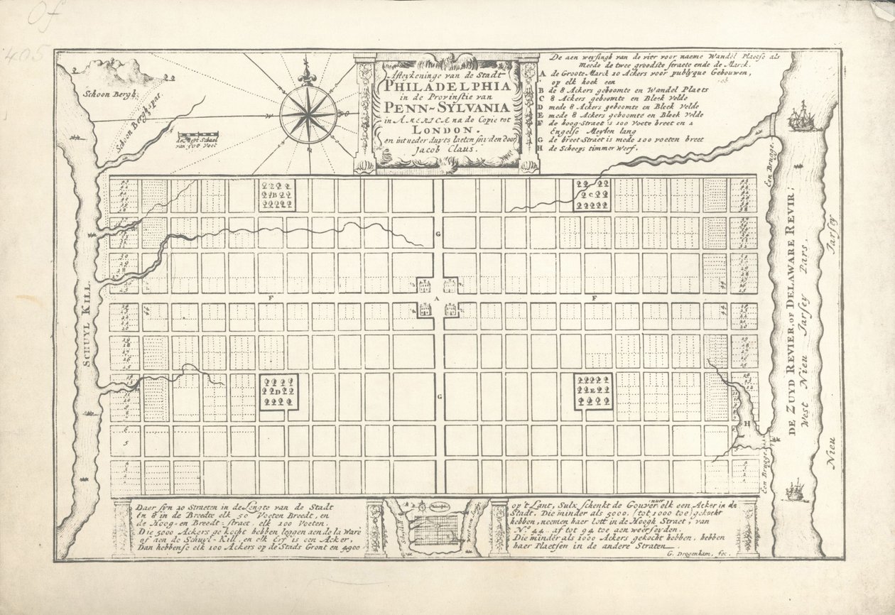 Den första planen för Philadelphia, utarbetad av William Penn och Thomas Holme 1682, 1684 av G. Drogenham