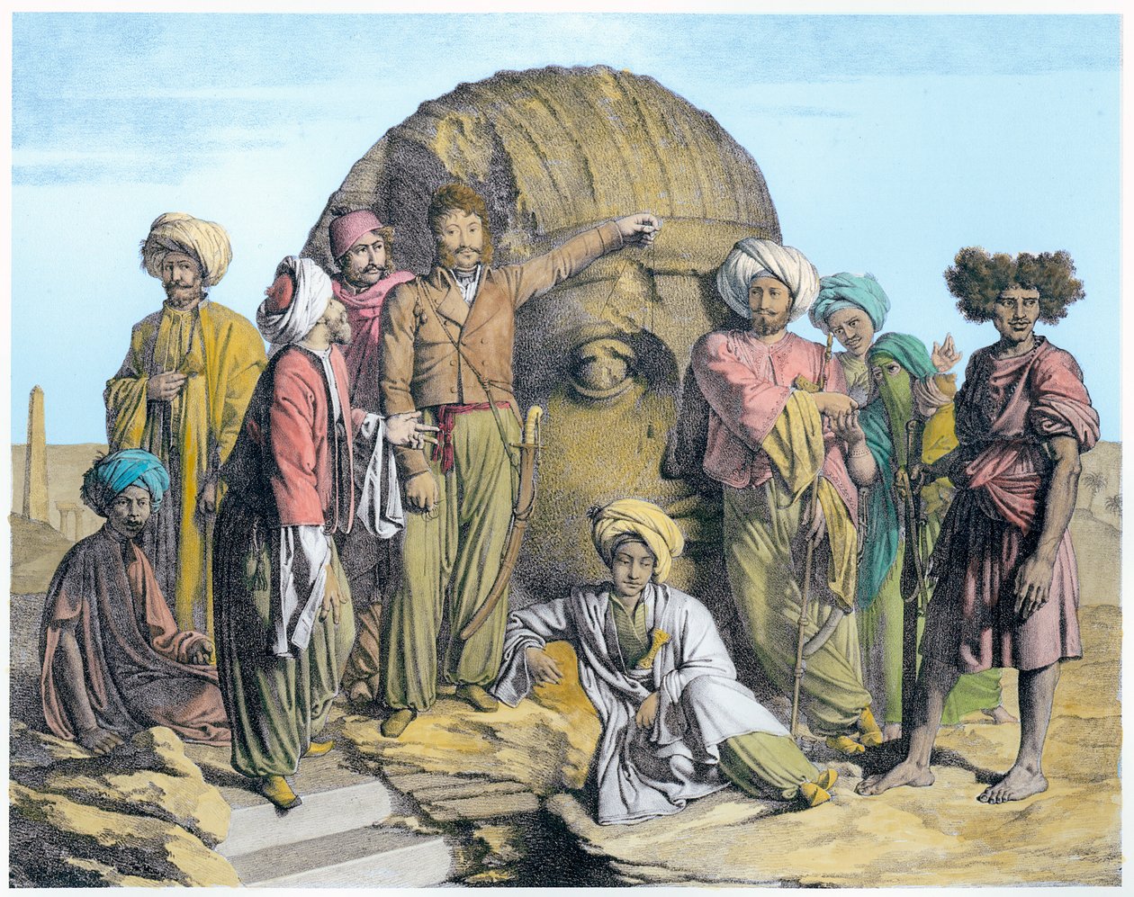 Arkeologen Bernardino Drovetti mäter ett kolossalt huvud i den egyptiska öknen, 1819 av G Engelmann
