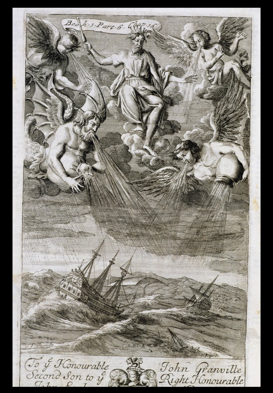 Jupiter kastar en storm på havet, illustration från bok 1, del 6, kapitel 16 av 