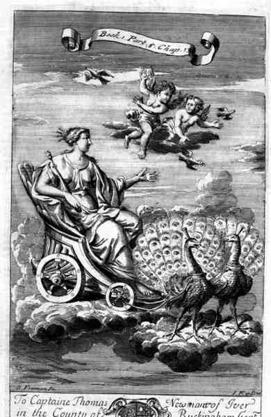 Venus i en vagn tecknad av påfåglar, illustration från bok 1, del 6, kapitel 13 av 