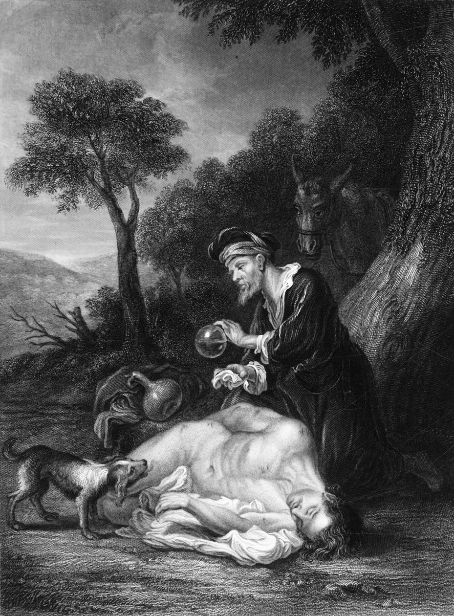 Han band sina sår, hällde i olja och vin, ca 1830-talet. av G. H. Adcock