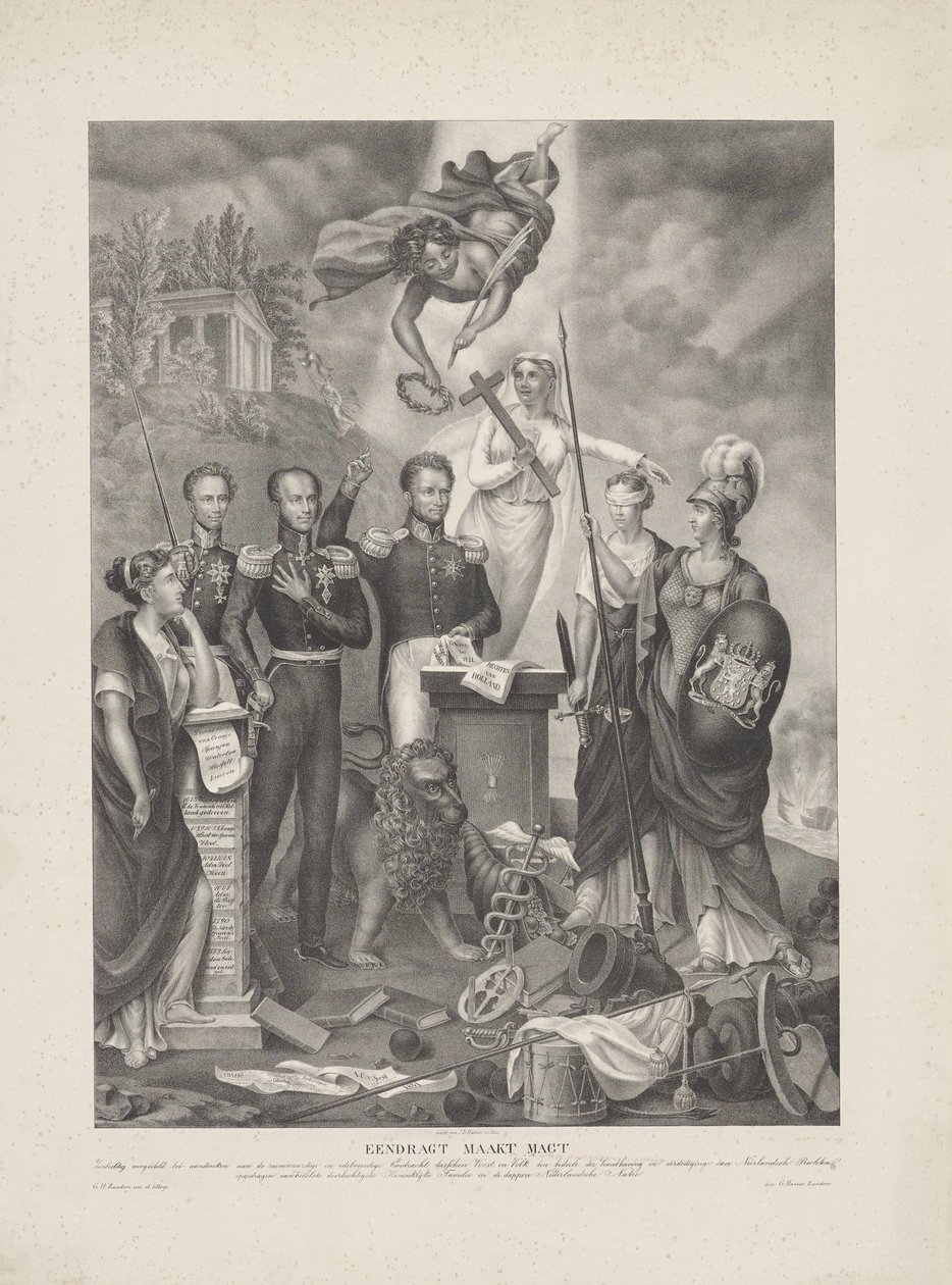Allegori om förbundet mellan prins och folk, 1832 Eendragt gör Magt / Zinnebeeldig presenterad till minne av den ärorika och generösa Eendracht mellan Prince and People i syfte att upprätthålla och försvara nederländska rättigheter (titel o av G. Havius Zanders