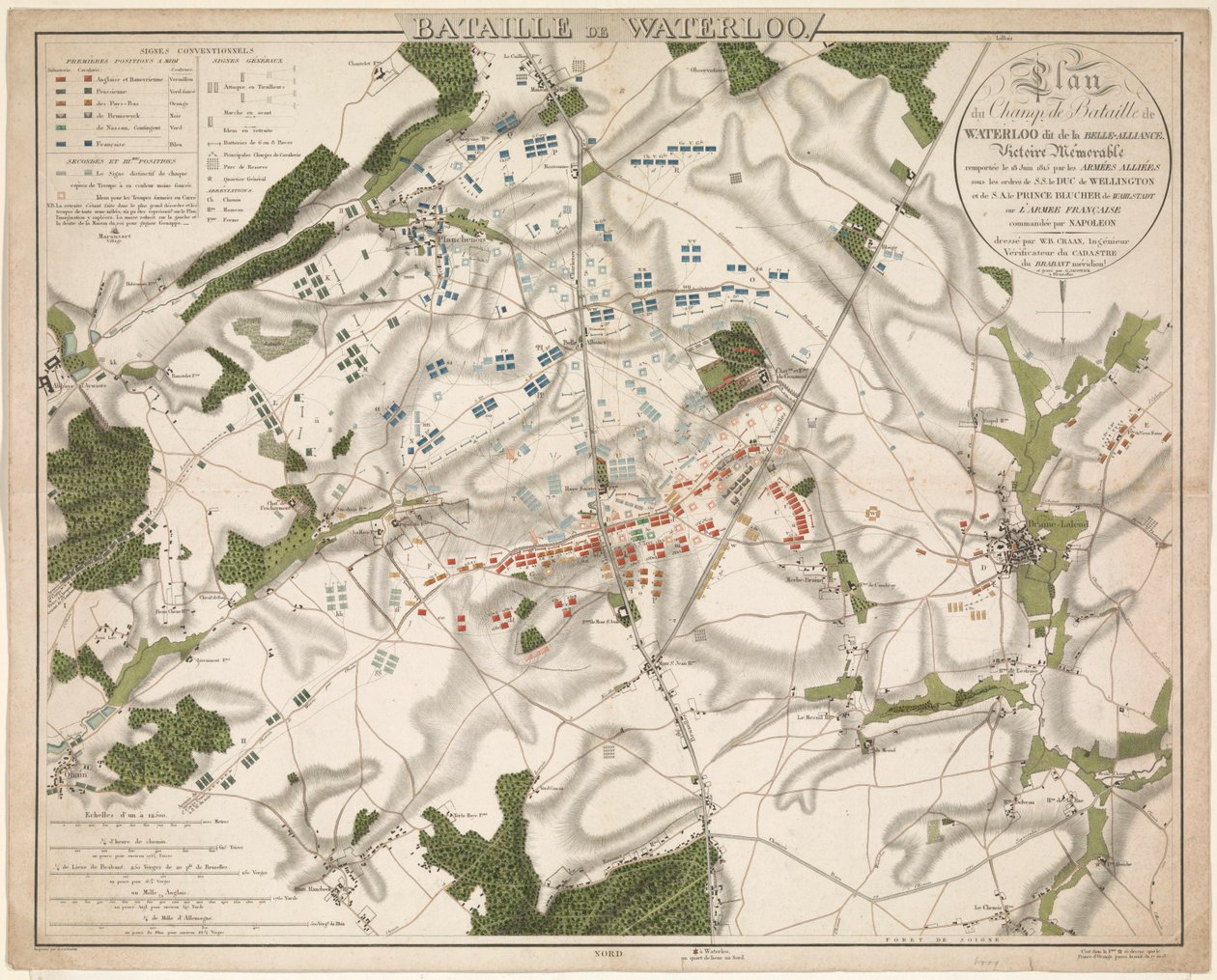 Karta av de Slag bij Waterloo, 1815 Battle of Waterloo / Plan av Battlefield of Waterloo kallad Belle-Alliance. Minnesvärd seger vann den 18 juni 1815 av de allierade arméerna (...) (titel på objekt) av G. Jacowick