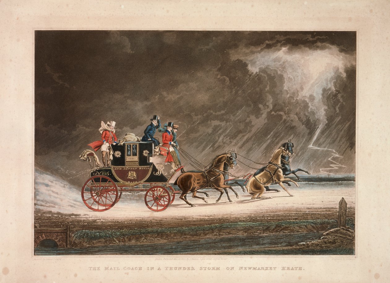 Postvagnen i ett åskväder på Newmarket Heath, Suffolk, 1827. av G Reeves