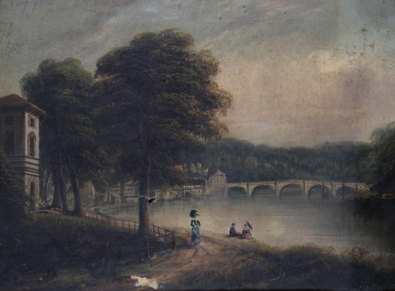 Asgill House vid Cholmondeley Walk, Richmond, Surrey, med utsikt mot Richmond Bridge av G. Suter