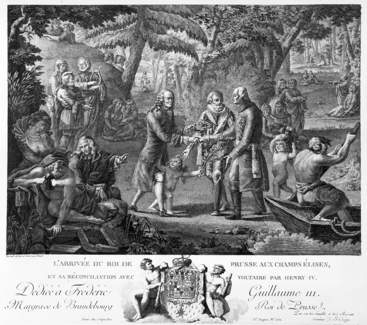 Henri IV (1553-1610) som försonar Fredrik Vilhelm II (1744-97) och Voltaire (1694-1778) på Elysian Fields, 1700-talets andra hälft av G. Texier