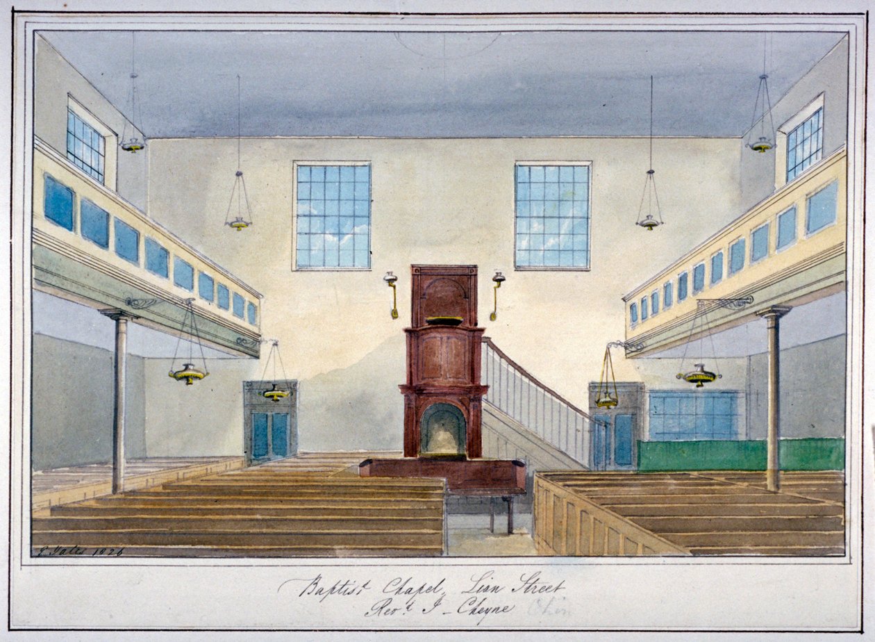 Interiörvy av Lion Street Baptist Chapel, utanför New Kent Road, Southwark, London, 1826 av G Yates