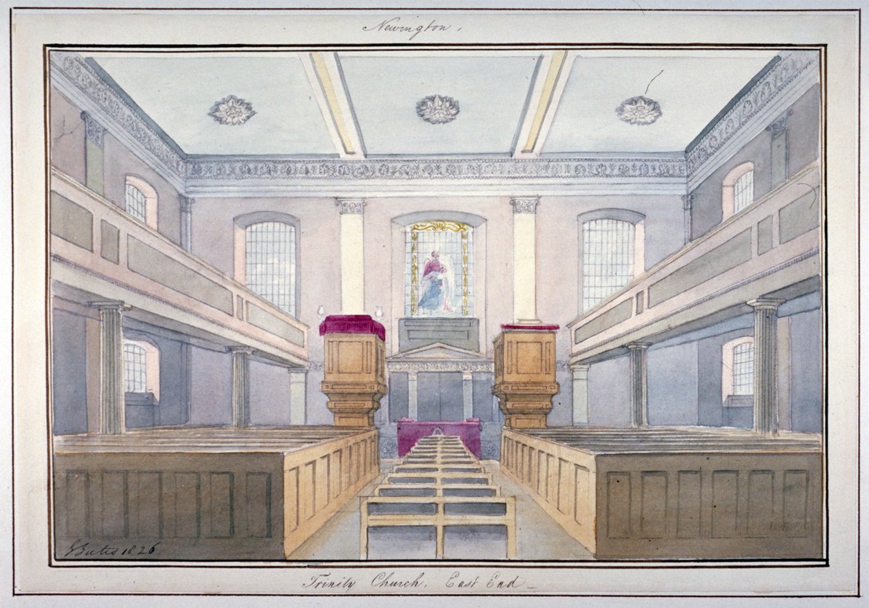 Interiörvy av den östra änden av Holy Trinity Church, Newington, Southwark, London, 1826 av G Yates