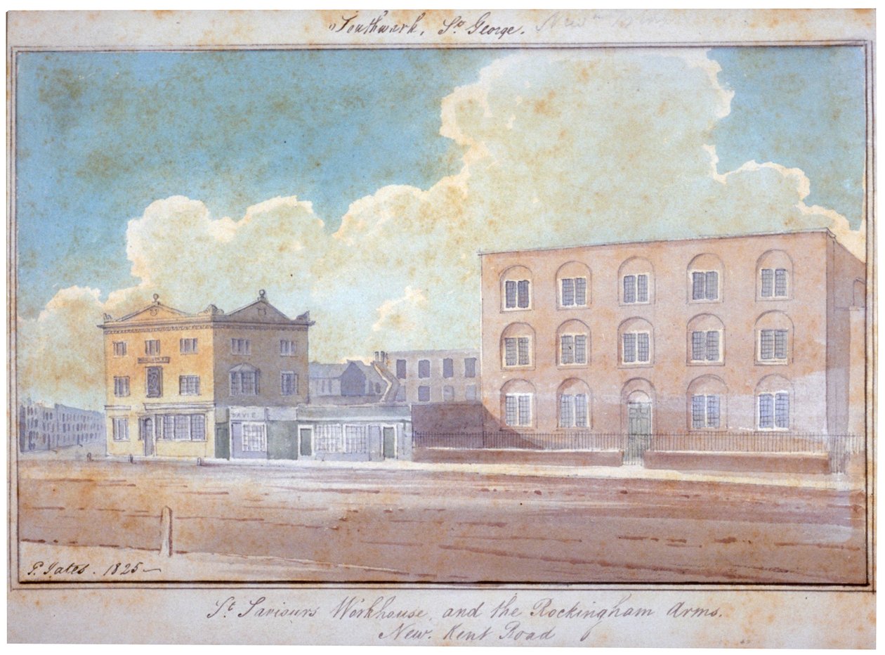St Saviours arbetshus och Rockingham Arms Inn, New Kent Road, Southwark, London, 1825 av G Yates