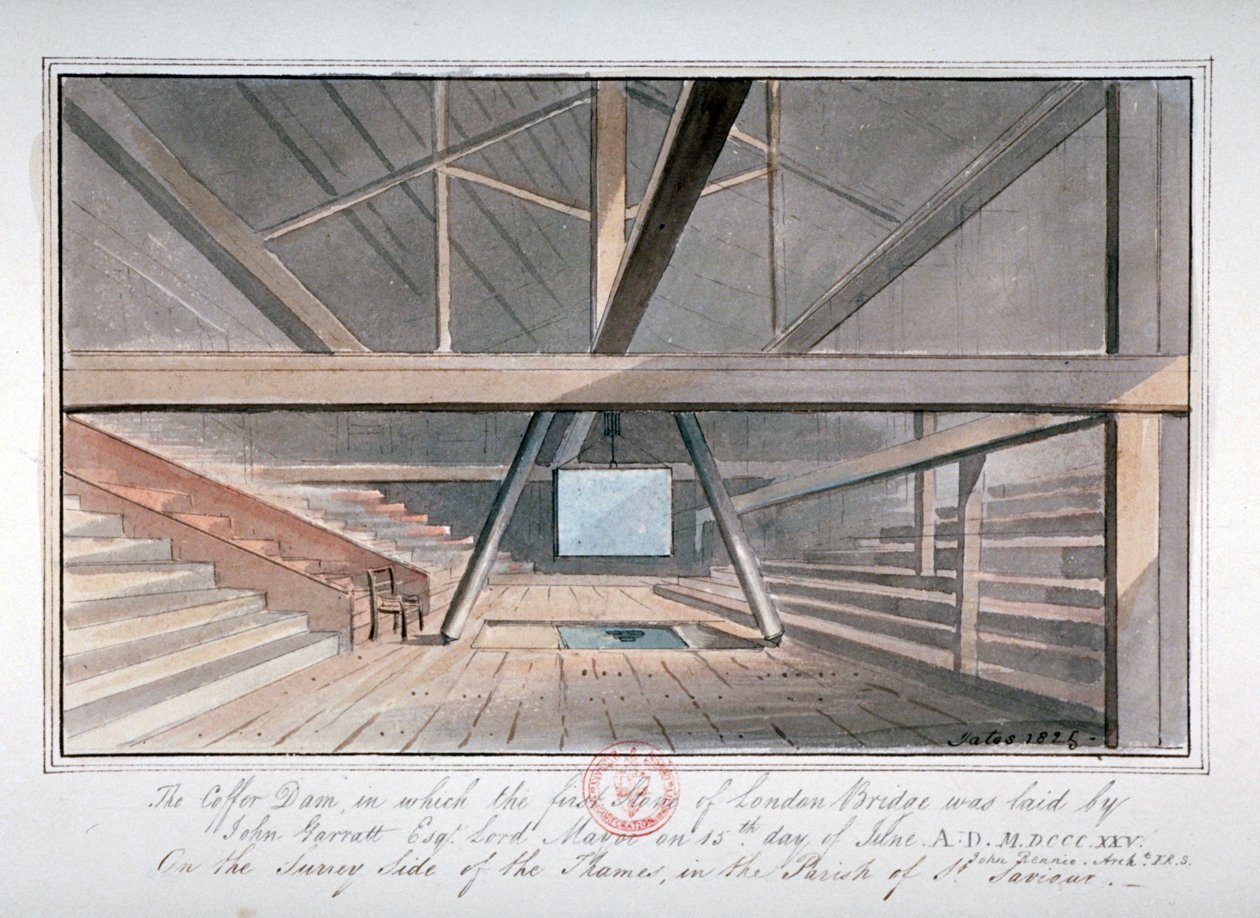 Utsikt över grunden för London Bridge, 1825 av G Yates