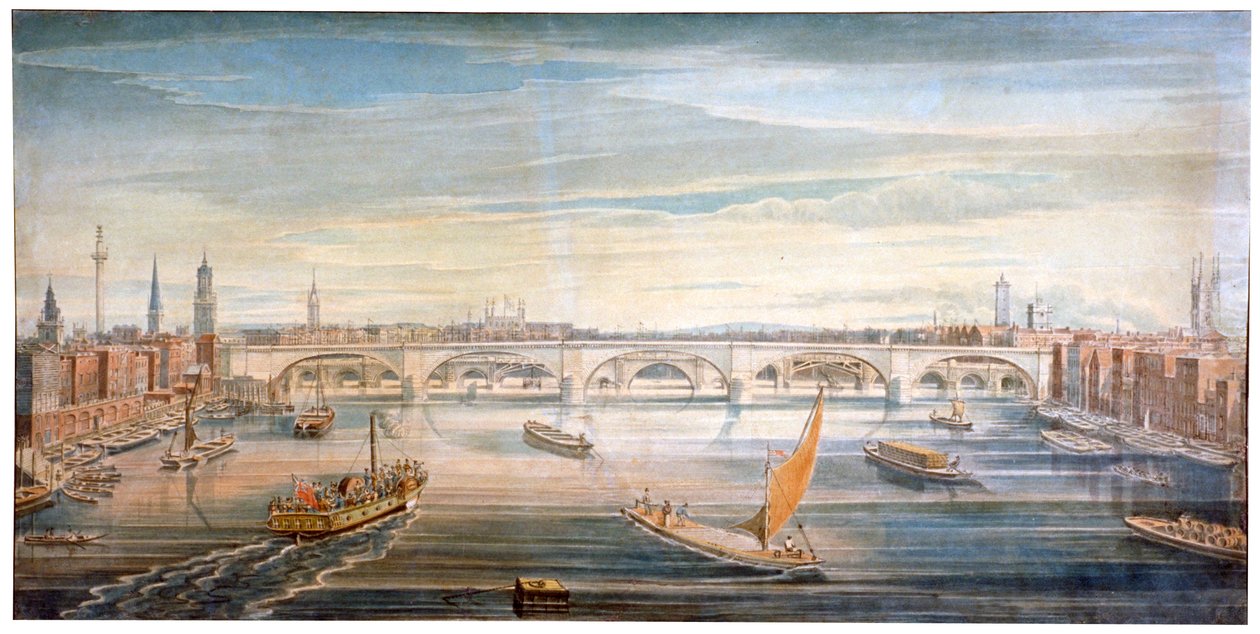Utsikt över den nya London Bridge från väster, med båtar och pråmar på Themsen, 1831. av G Yates