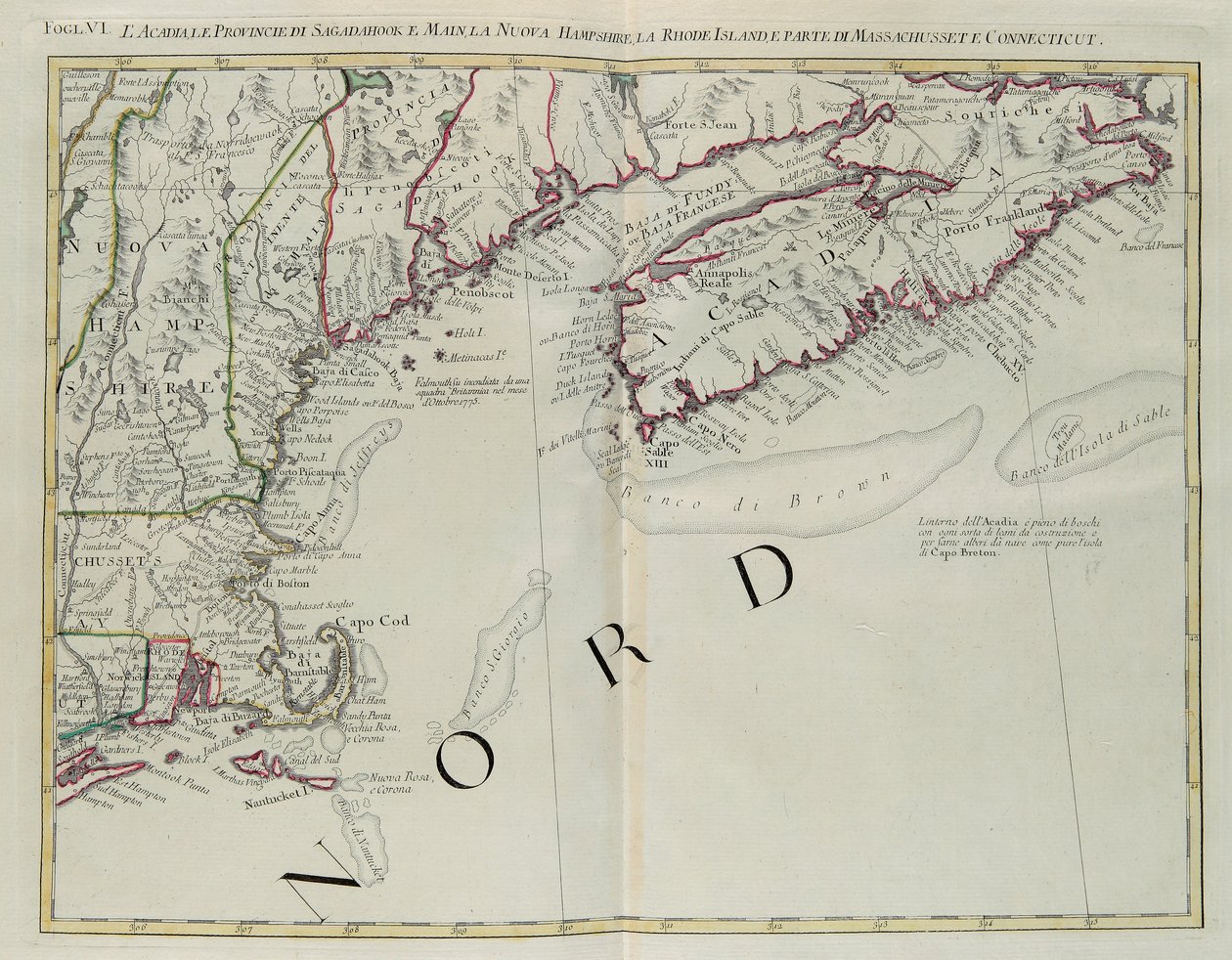 Acadia, provinserna Sagadahoc och Maine, New Hampshire, Rhode Island och en del av Massachusetts och Connecticut, gravyr av G. Zuliani hämtad från Tome I av "Newest Atlas" publicerad i Venedig 1778 av Antonio Zatta, Privat samling av G. Zuliani