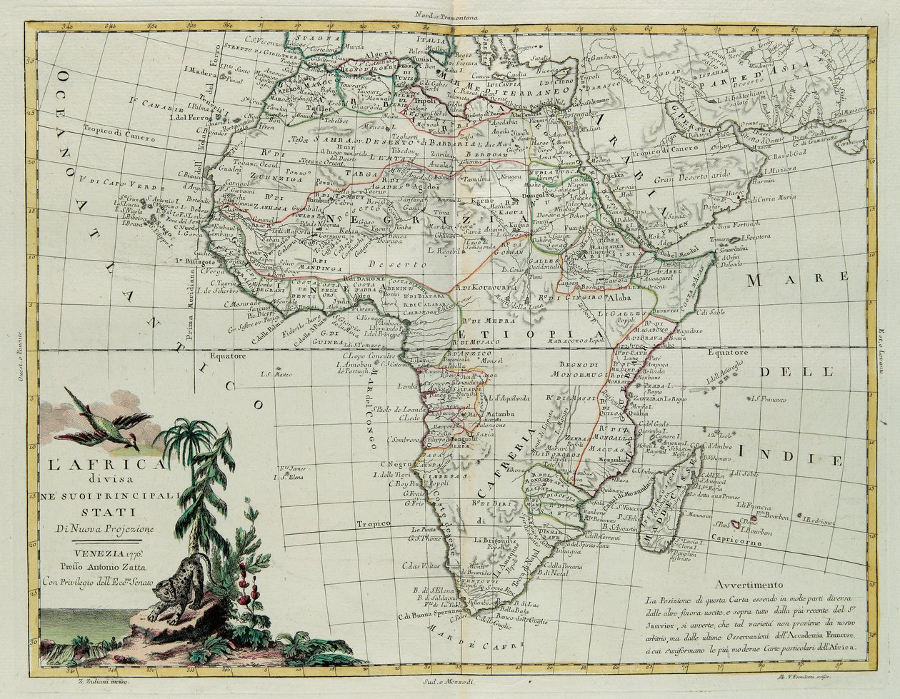 Afrika uppdelat i sina huvudstater, gravyr av G. Zuliani hämtad från Tome I of the Newest Atlas publicerad i Venedig 1776 av Antonio Zatta, Privat samling av G. Zuliani