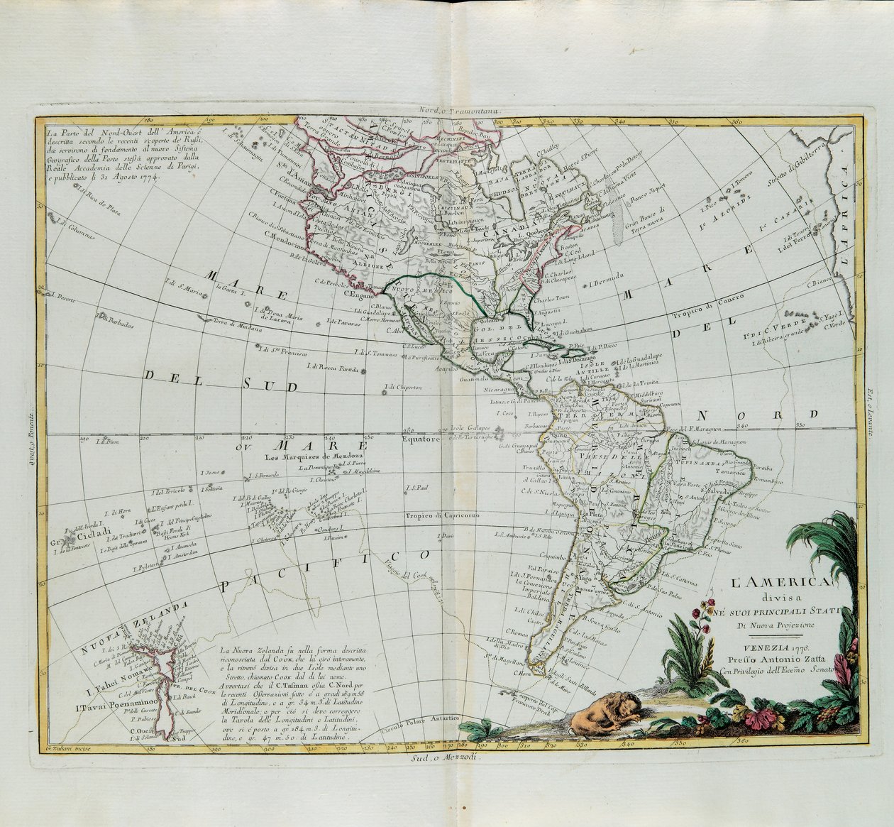 Amerika uppdelat i sina huvudstater, gravyr av G. Zuliani hämtad från Tome I of the Newest Atlas publicerad i Venedig 1776 av Antonio Zatta, Privat samling av G. Zuliani