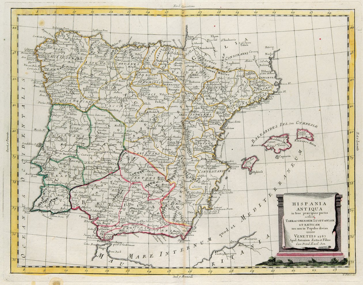 Forntida Spanien indelat i tre distinkta områden, nämligen Terraconensis, Lusitania och Baetica och även indelat i folk, gravyr av G. Zuliani hämtad från Tome I av "Newest Atlas" publicerad i Venedig 1785 av Antonio Zatta, Privat samling av G. Zuliani