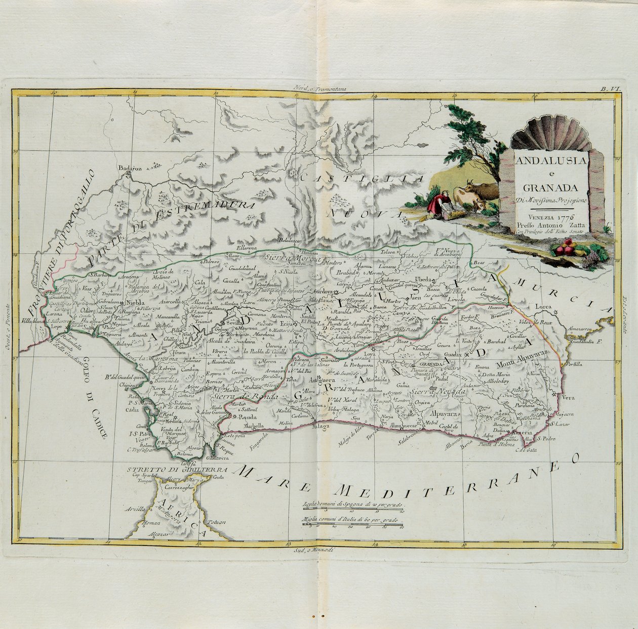 Andalusien och Granada, gravyr av G. Zuliani hämtad från Tome I of the Newest Atlas publicerad i Venedig 1776 av Antonio Zatta, Privat samling av G. Zuliani