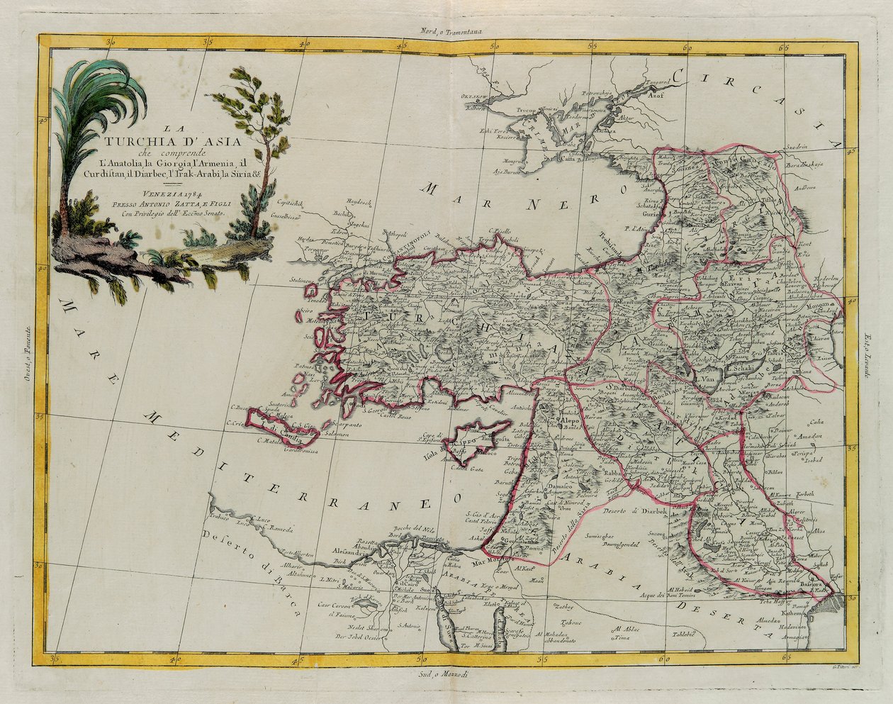 Asiatiska Turkiet, inklusive Antolia, Georgien, Armenien, Kurdestan, Diarbec, Irak-Arabi, Syrien, gravyr av G. Zuliani hämtad från Tome IV av "Newest Atlas" publicerad i Venedig 1784 av Antonio Zatta, Privat samling av G. Zuliani