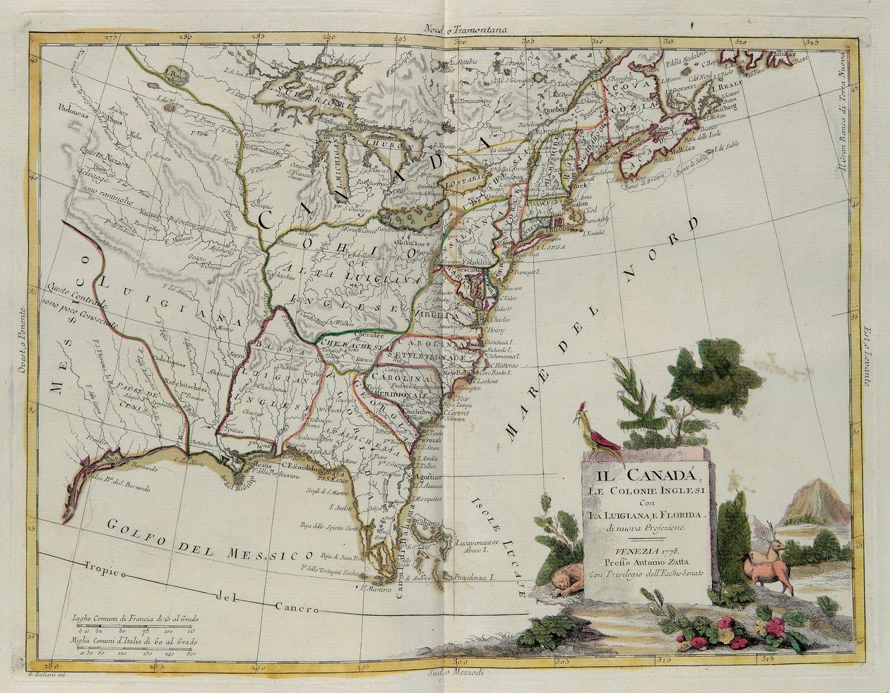 Kanada, de engelska kolonierna med Louisiana och Florida, gravyr av G. Zuliani hämtad från Tome I of the Newest Atlas publicerad i Venedig 1778 av Antonio Zatta, Privat samling av G. Zuliani