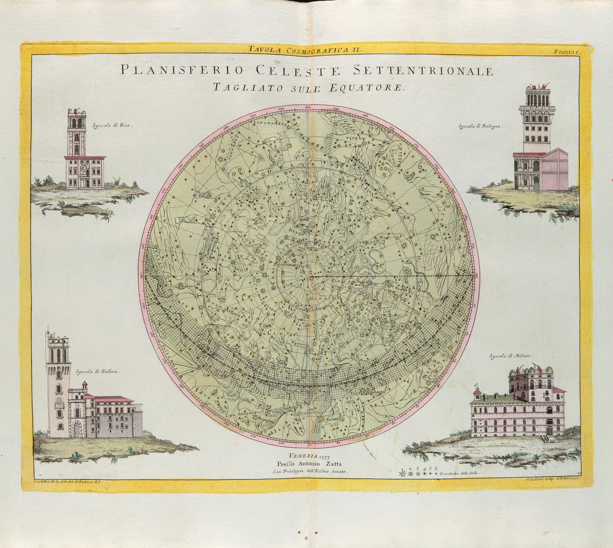 Kosmografisk tabell över den norra himmelska planisfären skuren vid ekvatorn, gravyr av G. Zuliani hämtad från Tome I of the Newest Atlas publicerad i Venedig 1777 av Antonio Zatta av G. Zuliani