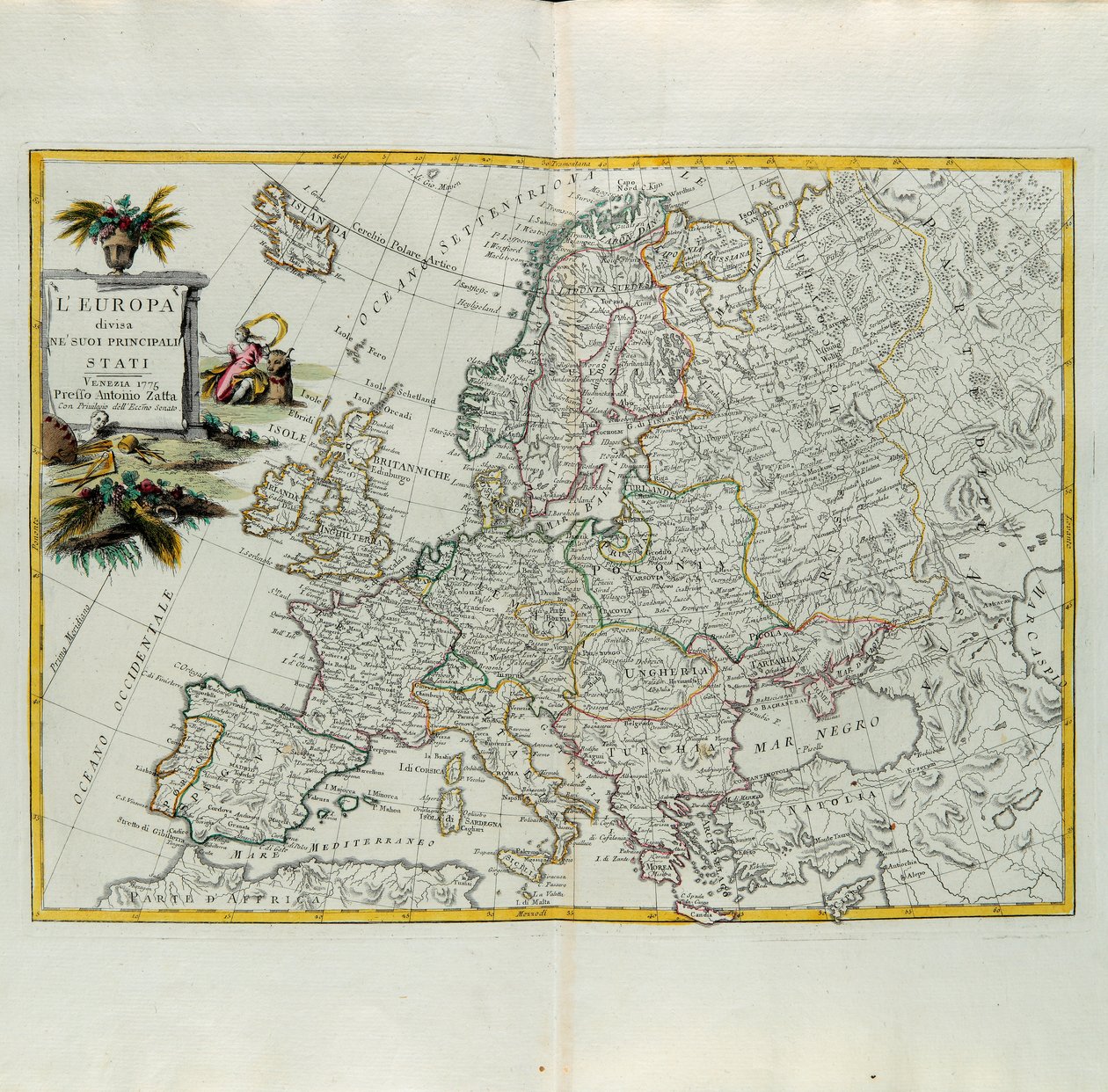 Europa uppdelat i sina huvudstater, gravyr av G. Zuliani hämtad från Tome I of the Newest Atlas publicerad i Venedig 1776 av Antonio Zatta, Privat samling av G. Zuliani